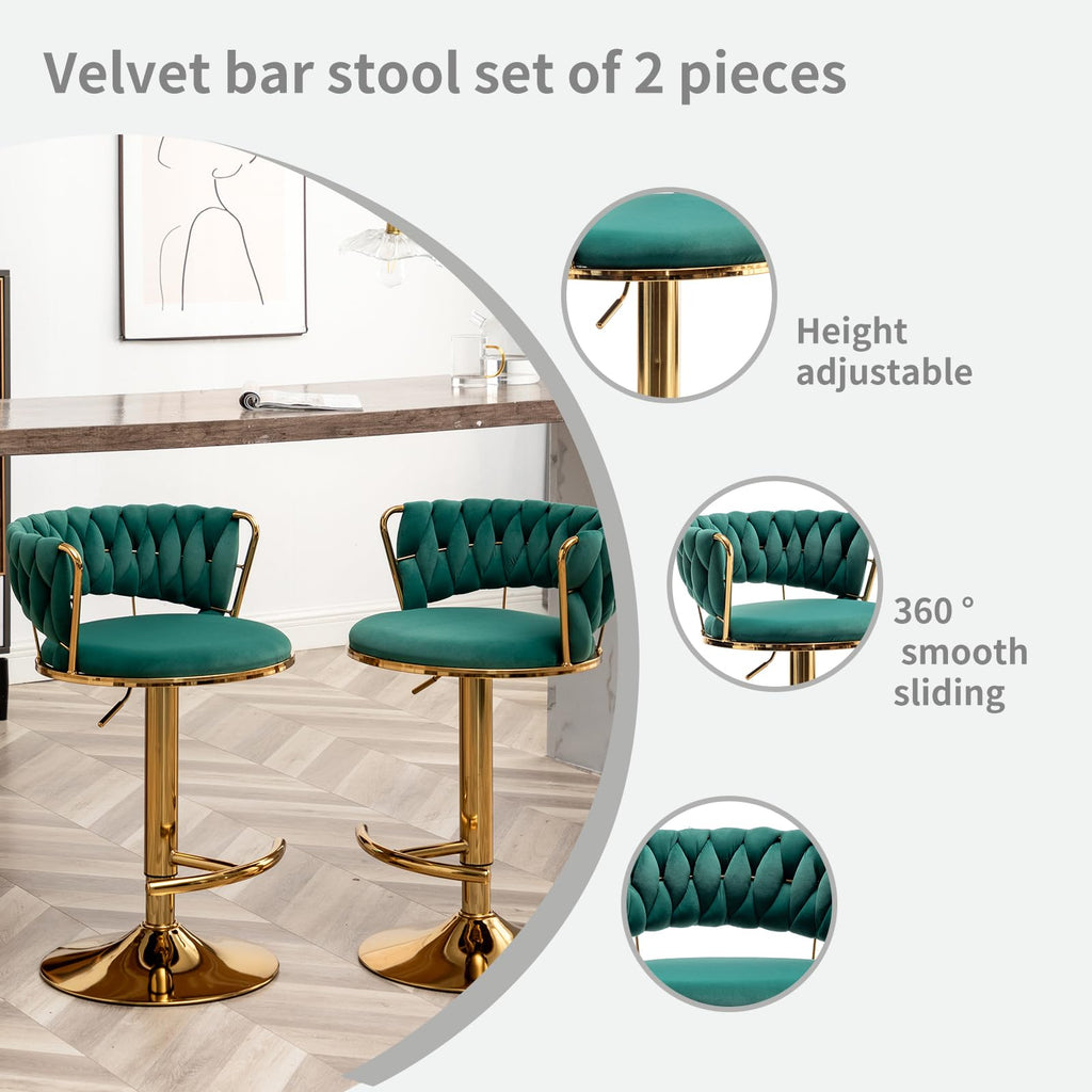 Gold Bar Stools Set of 2, Counter Height Bar Stools with Low Back, Velvet Adjustable Height Barstools, 360° Swivel