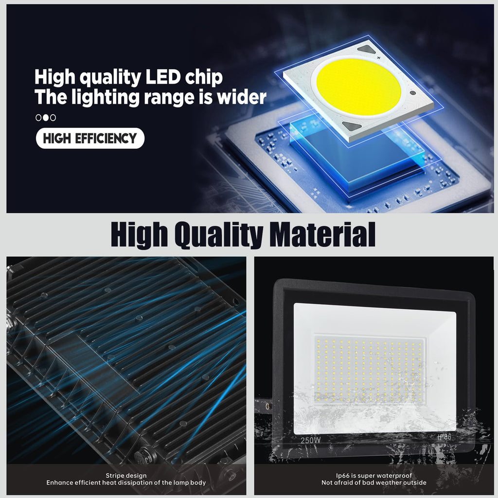 2Pack LED Flood Light Outdoor, 250W LED Work Light 25500lm with 6FT US Plug, IP66 Waterproof Exterior Security