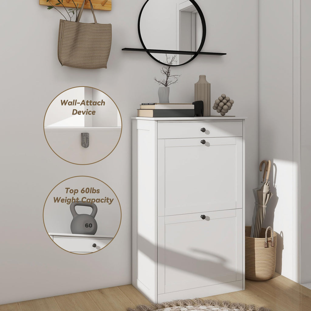 Shoe Cabinet with 2 Flip Drawers, Slim Shoe Storage Cabinet, White