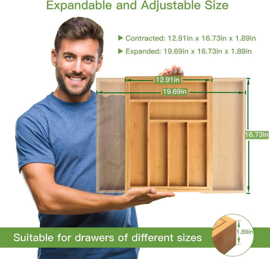 Expandable Bamboo Silverware Organizer, Large Kitchen Drawer Tray