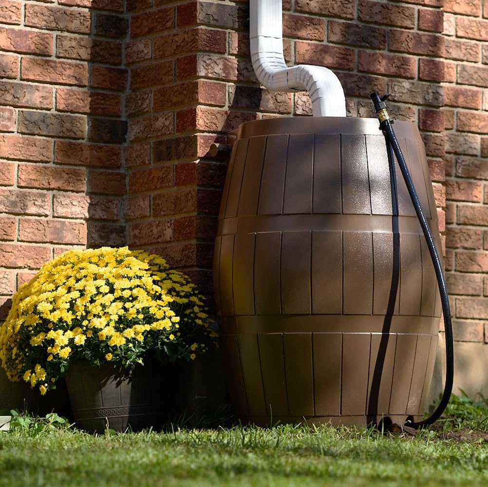Raincatcher 4000 Rain Barrel, Flat-Back Rainwater Catcher with Spigots, 50 Gallon, Brown - Portable Water Storage