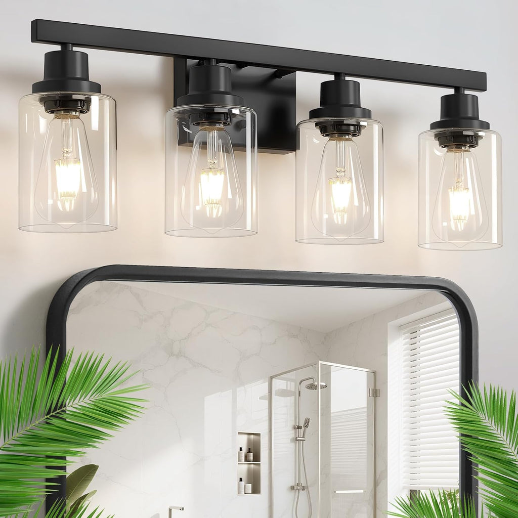 4-Light Bathroom Vanity Light, Modern Matte Black Wall Sconce Lighting with Clear Glass Shade, Bathroom Lighting