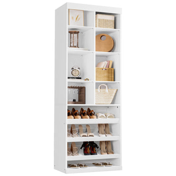 Tall Shoe Storage Cabinet with Adjustable Shelves and Cubbies, White