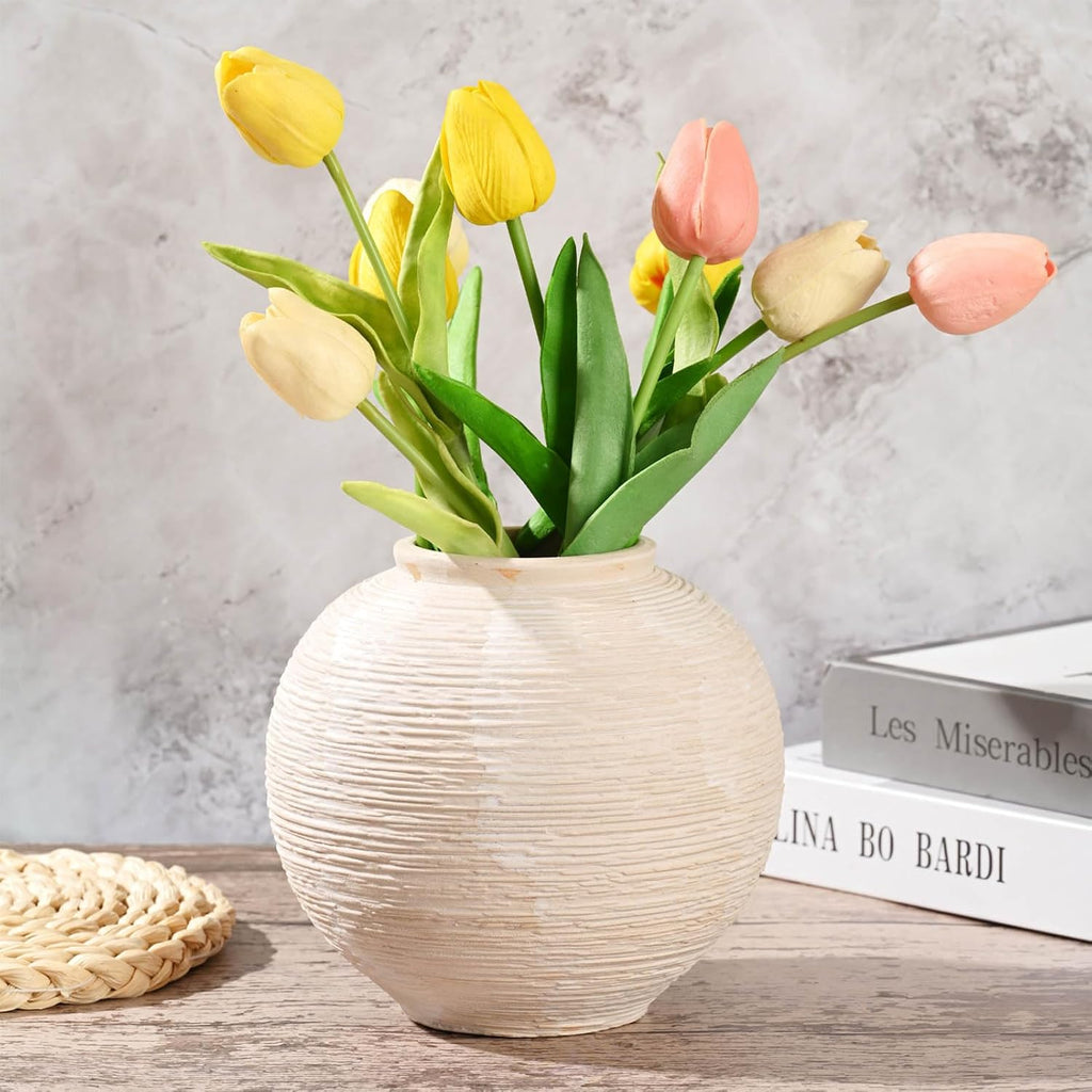 Rustic Farmhouse Vase Home Decor - 6 in Ceramic Boho Decorative Vase for Decor, Round Clay Whitewashed Terracotta