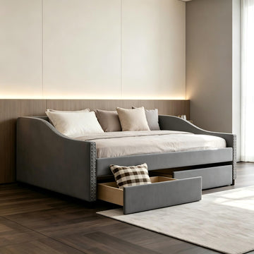 Upholstered Full Size Daybed with 2 Storage Drawer, Grey