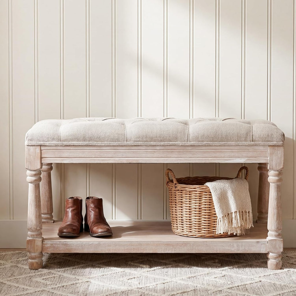 Storage Entryway Bench Tufted Shoe Rack Bench Wood Window Bench Entrance Bedroom Corner-1 Seat, Beige