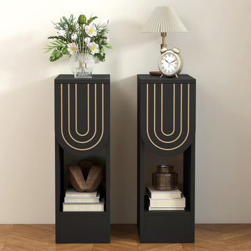 Narrow Nightstands Set of 2, Black Bedside Table with Carved Drawer and Storage Shelf, Mid-Century Modern Slim Side