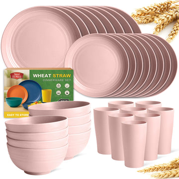 32-Piece Plates and Bowls Sets for 8, Pink Kitchen Dinnerware Sets