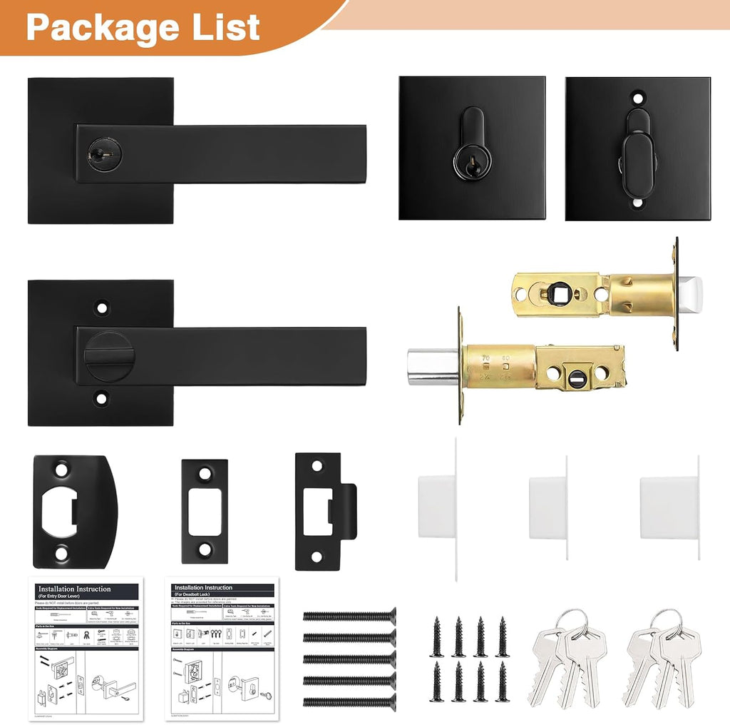 Flat Black Entry Levers Lock Sets and Single Cylinder Deadbolts Keyed Alike Combination Set - Door Lever