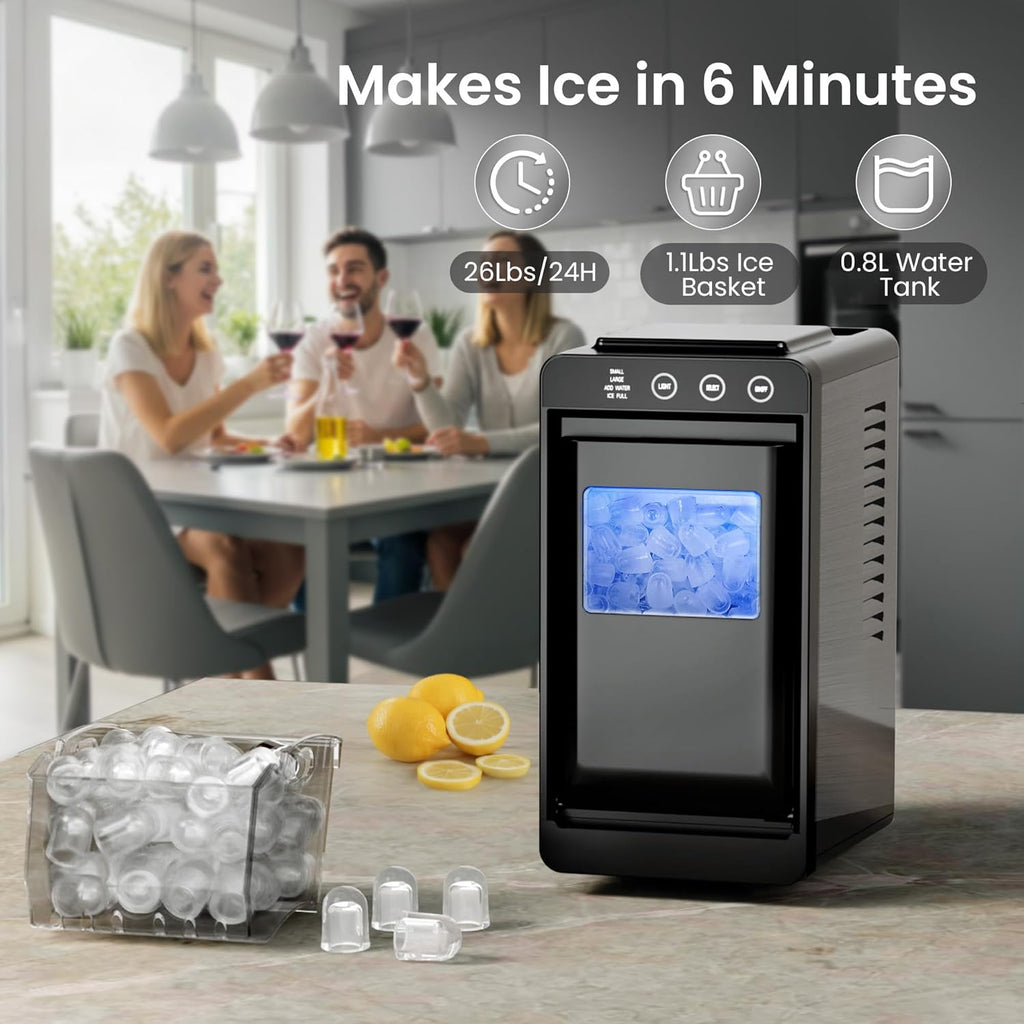 Ice Makers Countertop,26lbs in 24Hrs, Portable Ice Maker Machine with Self-Cleaning Function,Selectable Ice Size &