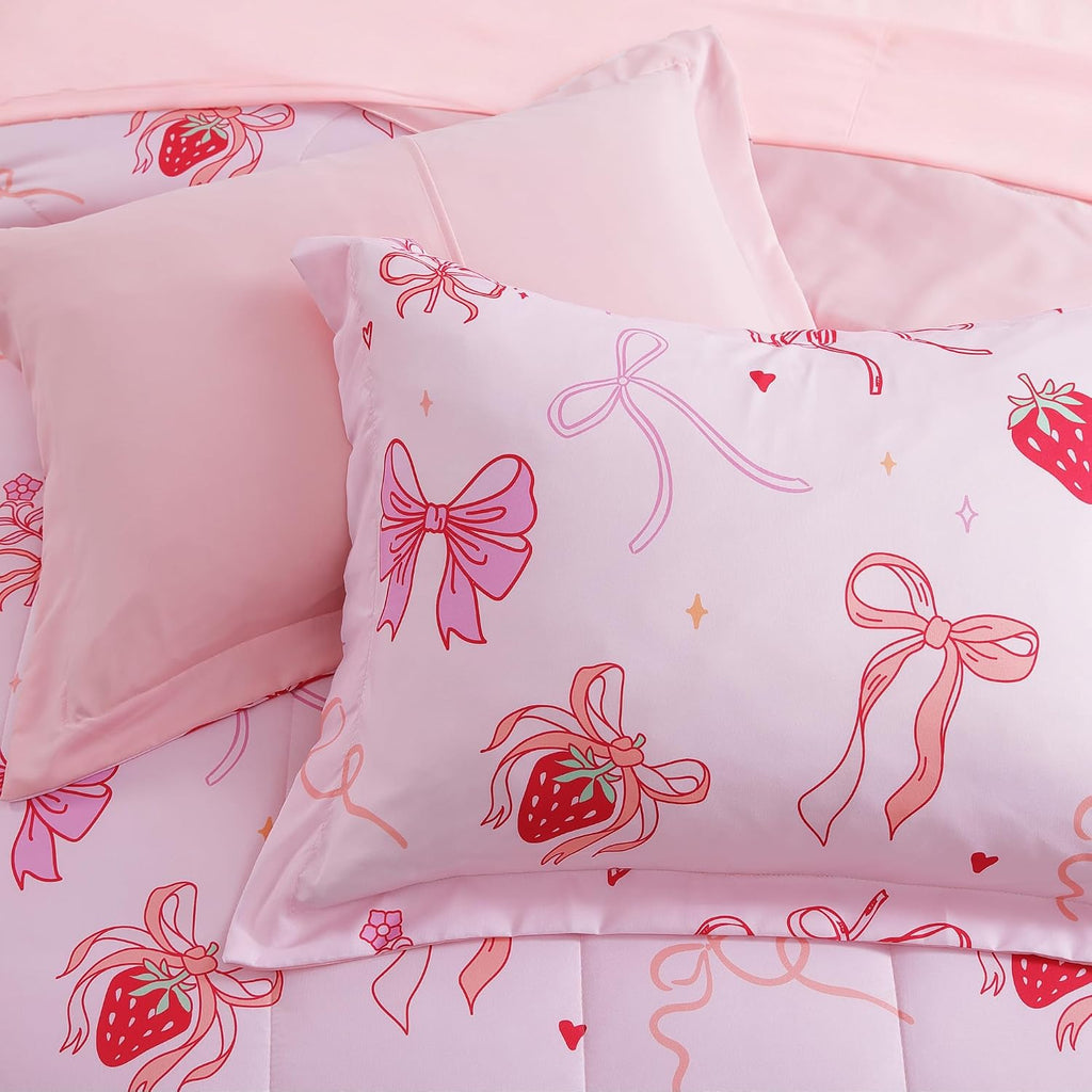 Comforter Set for Girls - 4 Pieces Pink Bow Bedding Sets for Kids, 1 Comforter, 2 Shams and 1 Decor Pillow