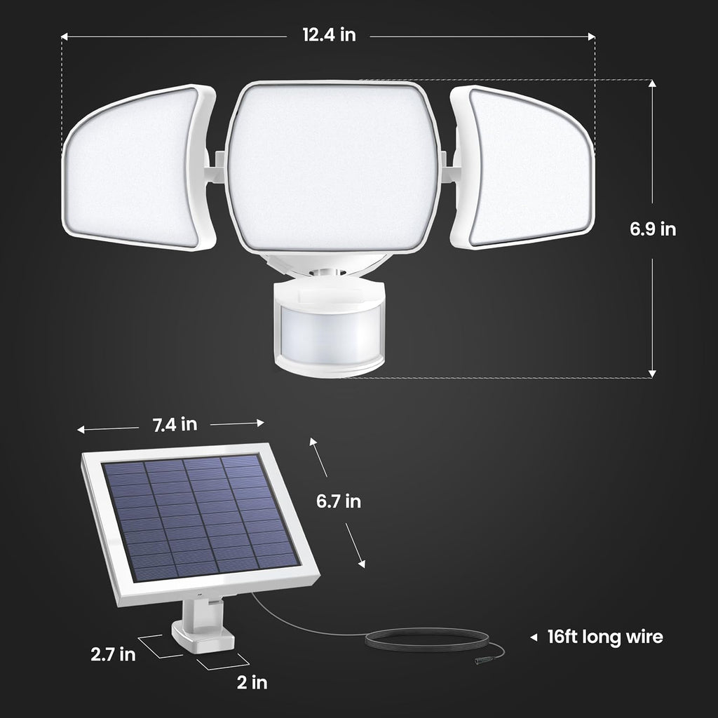 Outdoor LED Triple Head Solar Security Flood Lights with Motion Sensor, Dusk-to-Dawn Sensor, 3000 Lumens Floodlight