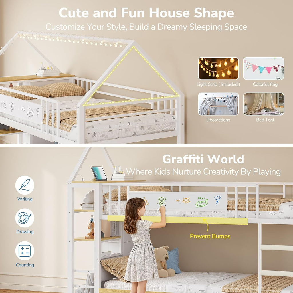 Twin Bunk Bed for Kids with 6 Storage Drawers, Montessori Bookshelf