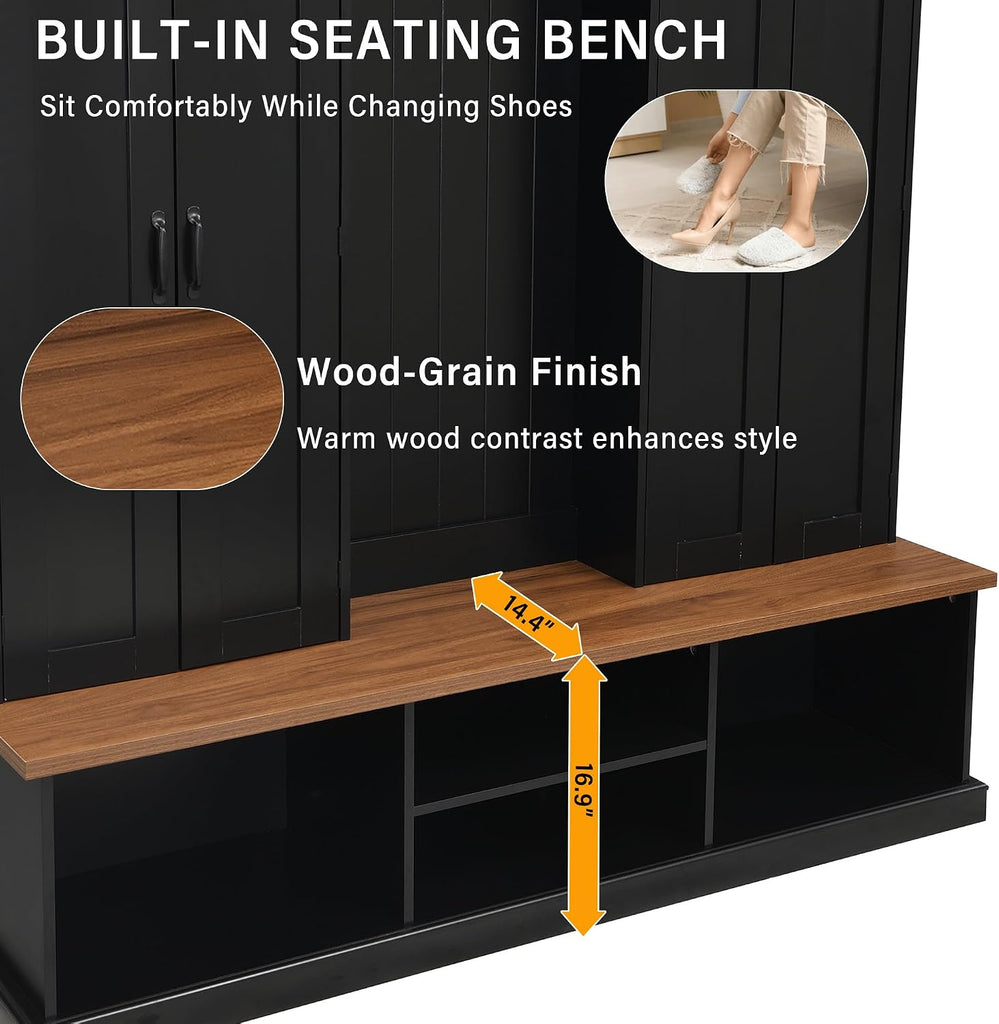 62.2''W Entryway Hall Tree with Bench, 3 Top Cubbies & Bottom Storage Space, Farmhouse Coat Rack with Hooks &
