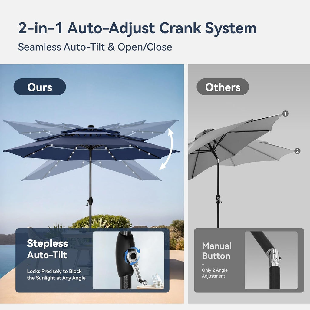 10ft Patio Umbrella with Light, Outdoor Large Auto-Tilt 3 Tier Market Table Umbrellas with 8 Sturdy Ribs and 1.5" Pole