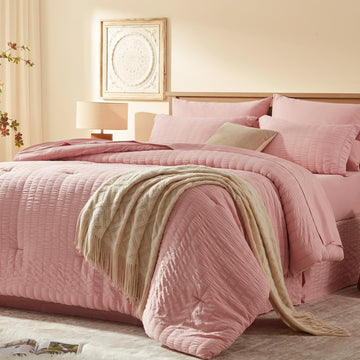 Comforter Sets 7 Pieces, Pink Seersucker Bed in a Bag Set, All Season Luxury Bedding Sets with Comforter