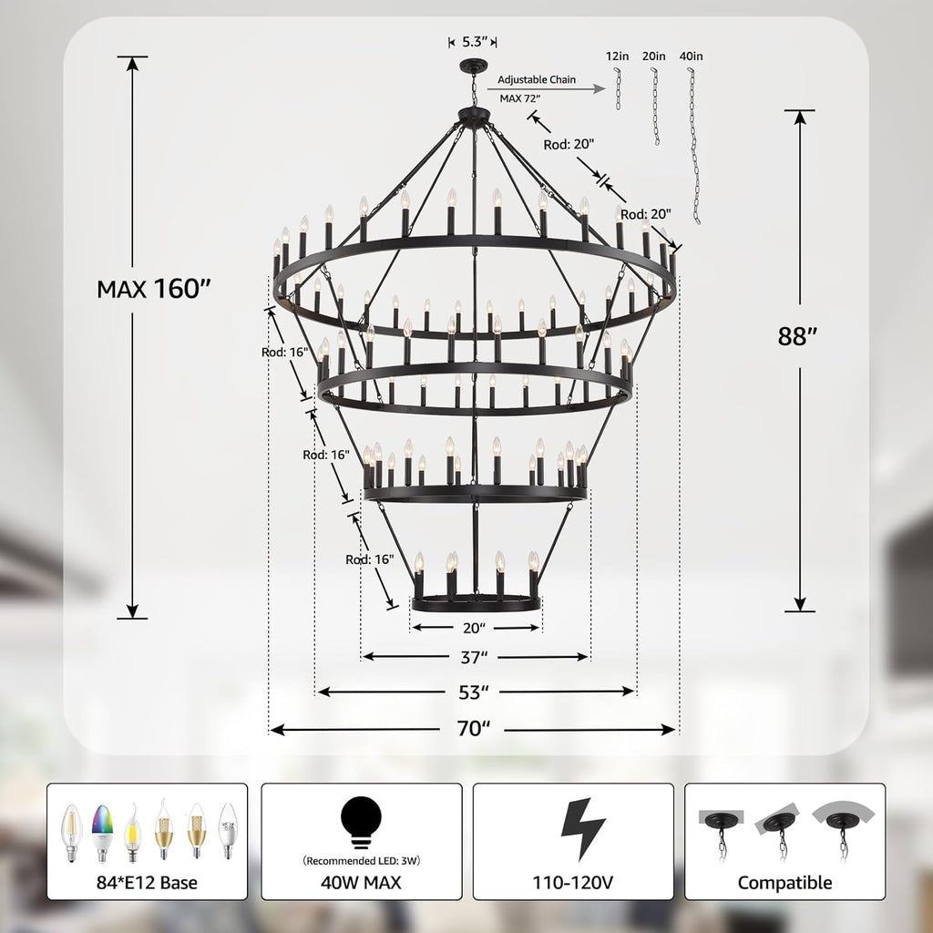 70 Inch Wagon Wheel Chandelier - 4-Tier 84-Light Black Farmhouse, Adjustable 100-160 Inch Height for High Ceilings