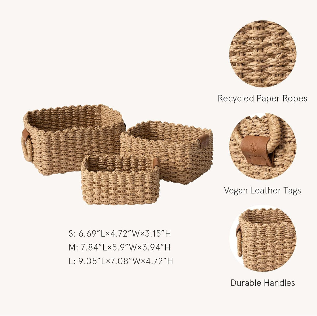 Small Wicker Baskets for Organizing, Desert 3 Pack | Decorative Organizer with Vegan Leather Tag, Round Handle