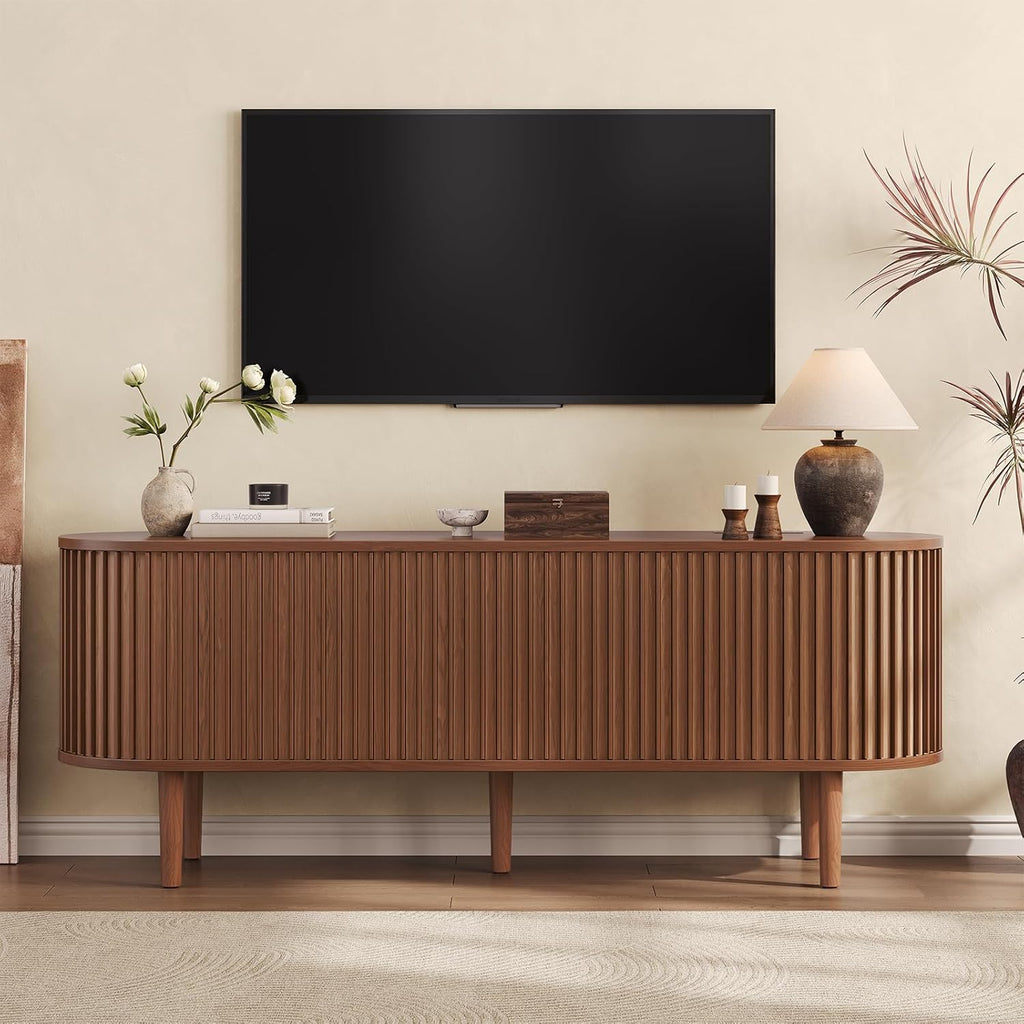 59" TV Stand for 65" TV with Power Outlet, Entertainment Center with Solid Wood Leg, Fluted TV Console with Adjustable Shelf & Sliding Door, Mid-Century Modern TV Stand for Living Room, Walnut