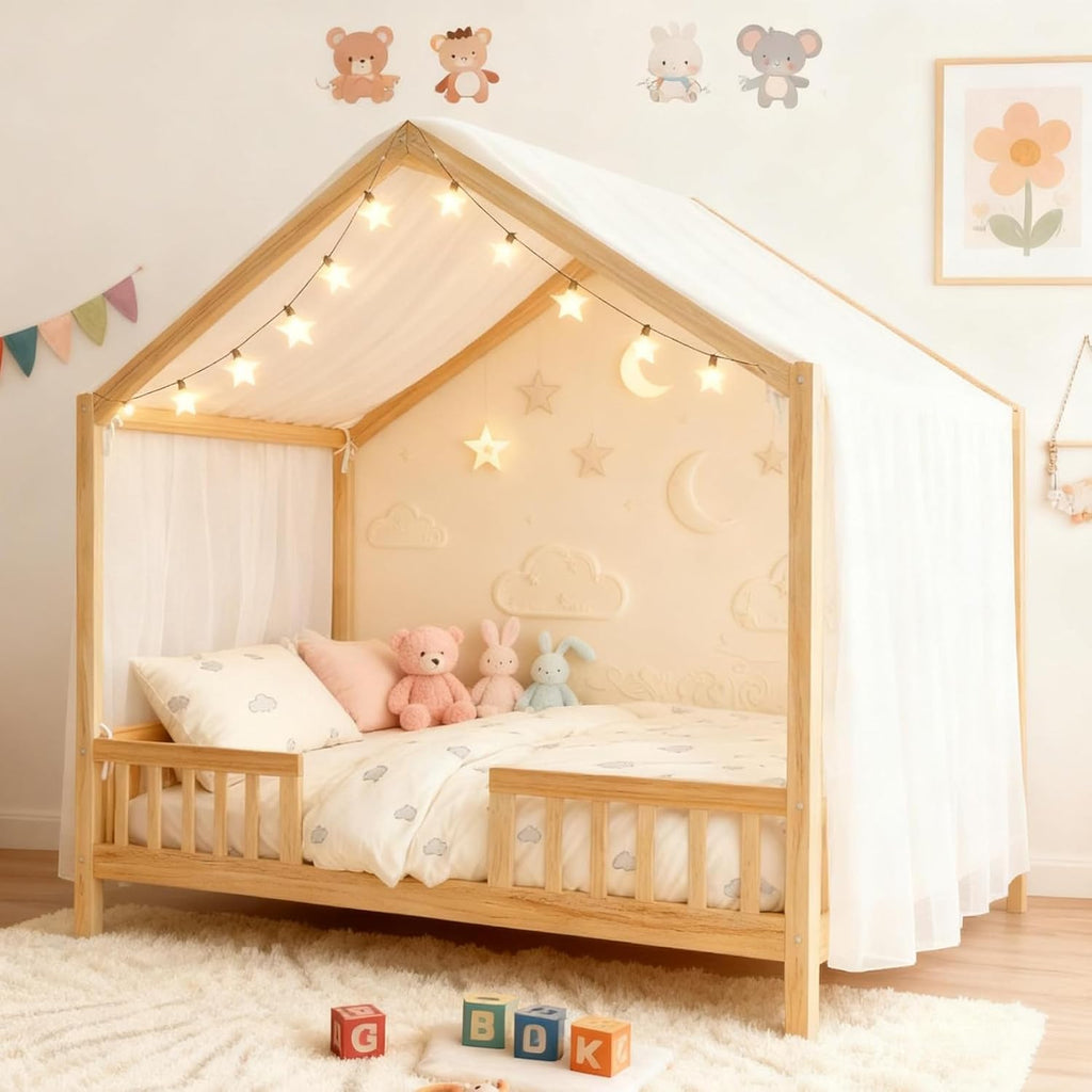 Full Size Montessori Toddler Floor Bed with Canopy and Roof,Wooden House Beds Frame for Kids,Montessori Floor Bed