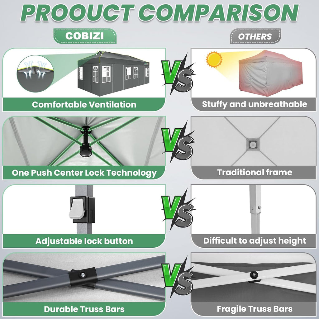 10x20 Pop Up Canopy Tent with 6 Removable Sidewalls, Outdoor, Gray | One-Push Setup, Air Vent, 3 Adjustable Heights