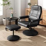 Modern Reclining Swivel Lounge Chair and Ottoman — Black Faux Leather