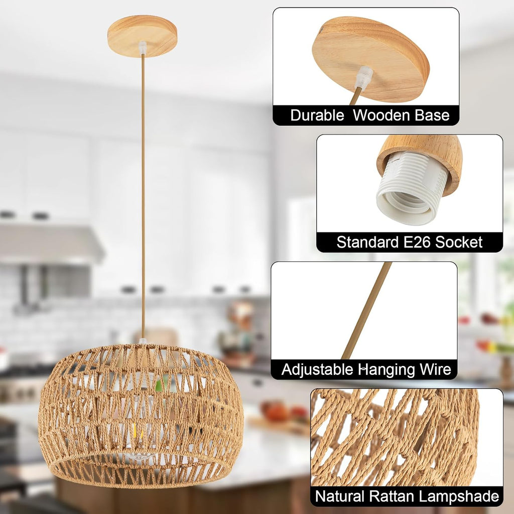 Rattan Pendant Light Fixture Ceiling Bohemian Chandelier Flush Mount Hanging Light 12.99-inch Small Woven Lamp Shade