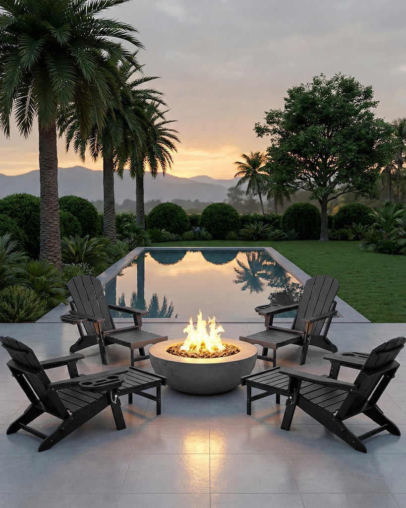Adjustable Adirondack Chair Set of 2 with Retractable Ottoman, Black | Folding HDPE Chair with Multifunctional Cup