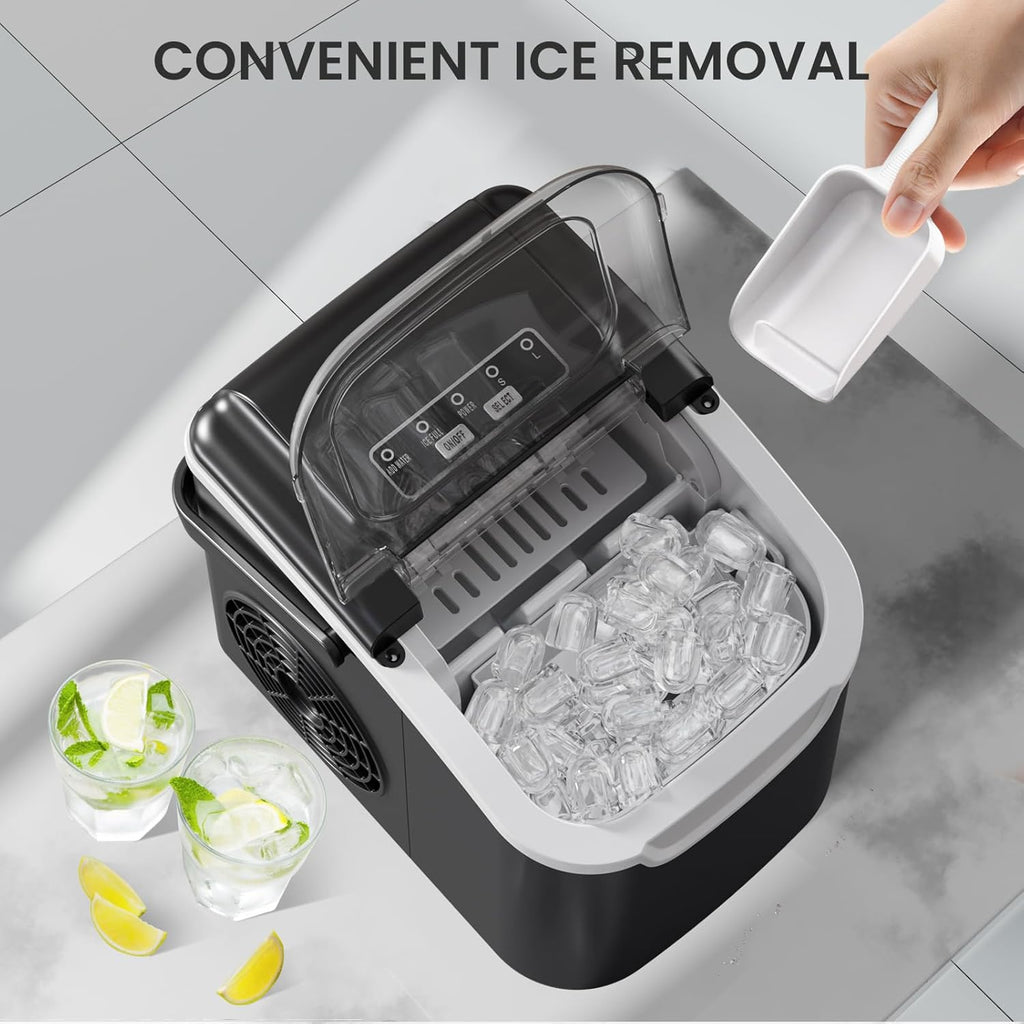Countertop Ice Maker, 8 Cubes in 6 Mins, 26Lbs/Day Bullet Ice, Portable Ice Maker with 2 Sizes of Cubes