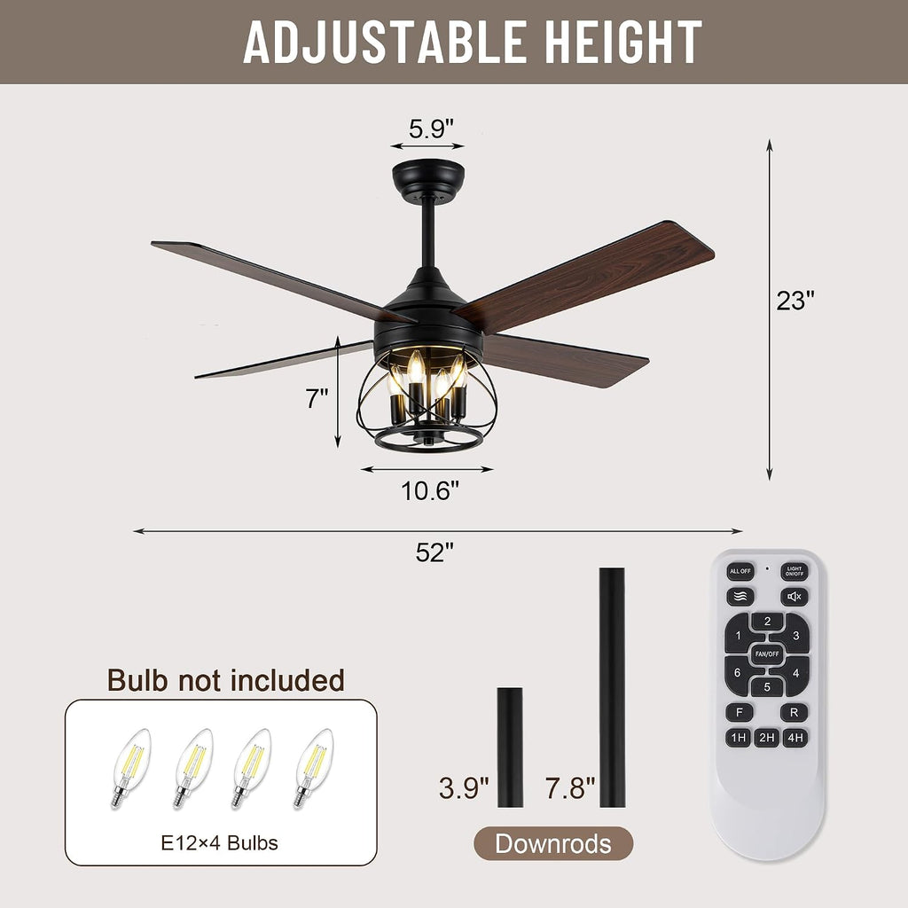 52 Inch Ceiling Fans with Lights, Modern Farmhouse Caged Ceiling Fan, Reversible Motor, 4 Double Finish Wood Blades