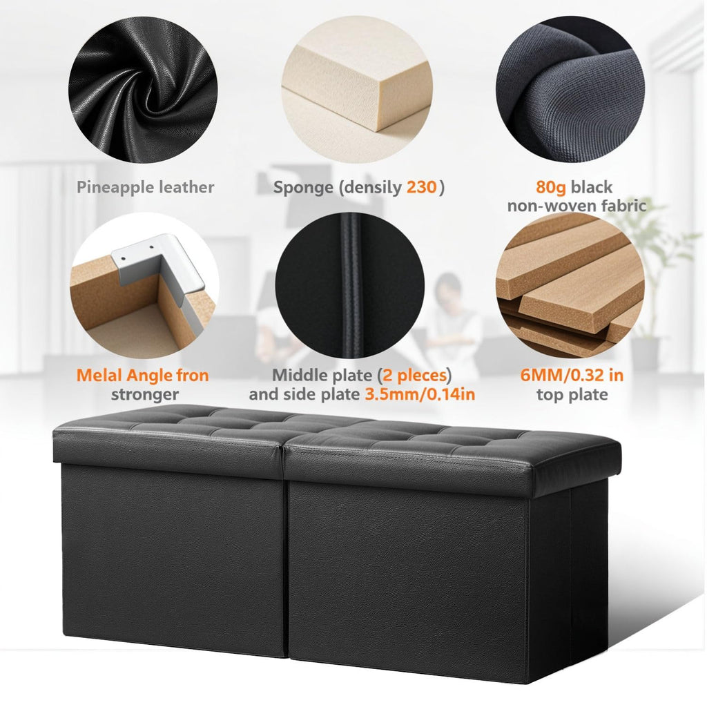 Footrest Ottoman Storage Bench, 34" Leather Folding Chest, Black