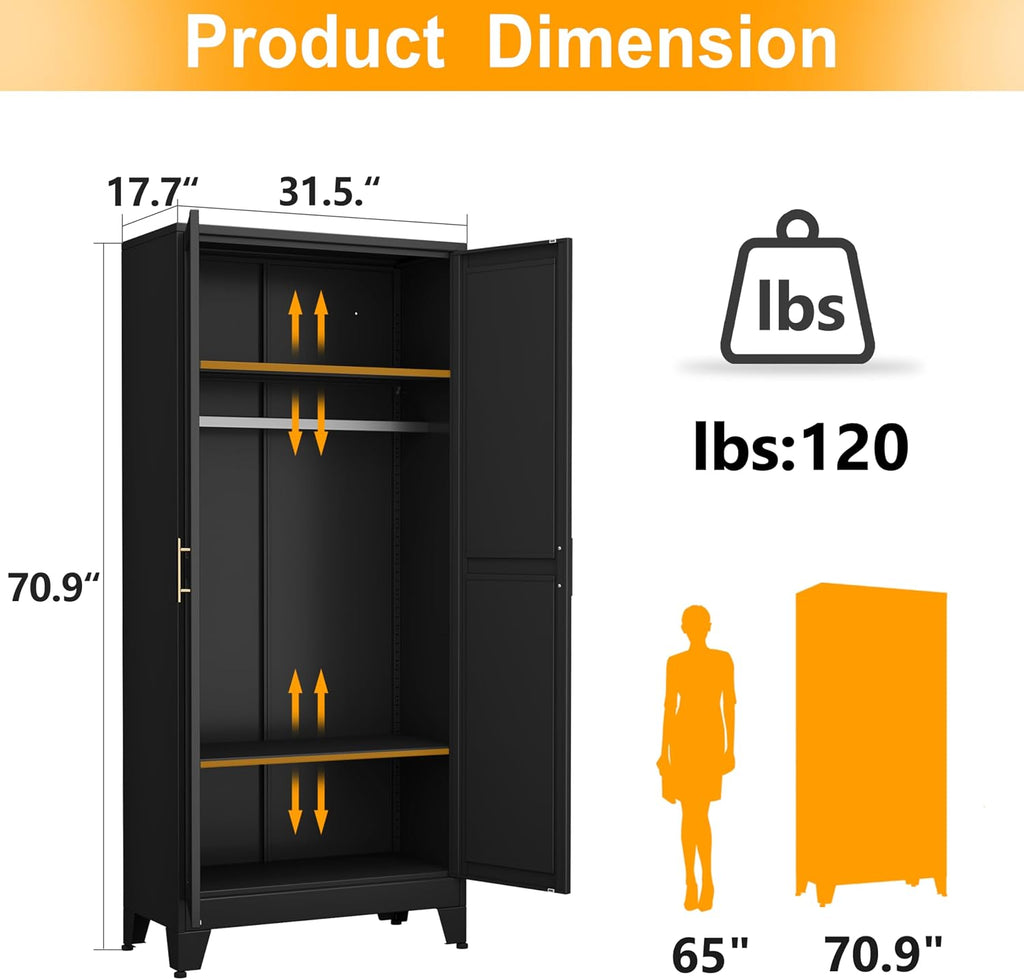 71" H Metal Armoire Wardrobe Closet, Adjustable Shelve, Clothes Drying Pole, Steel Wardrobe Cabinet (Black)