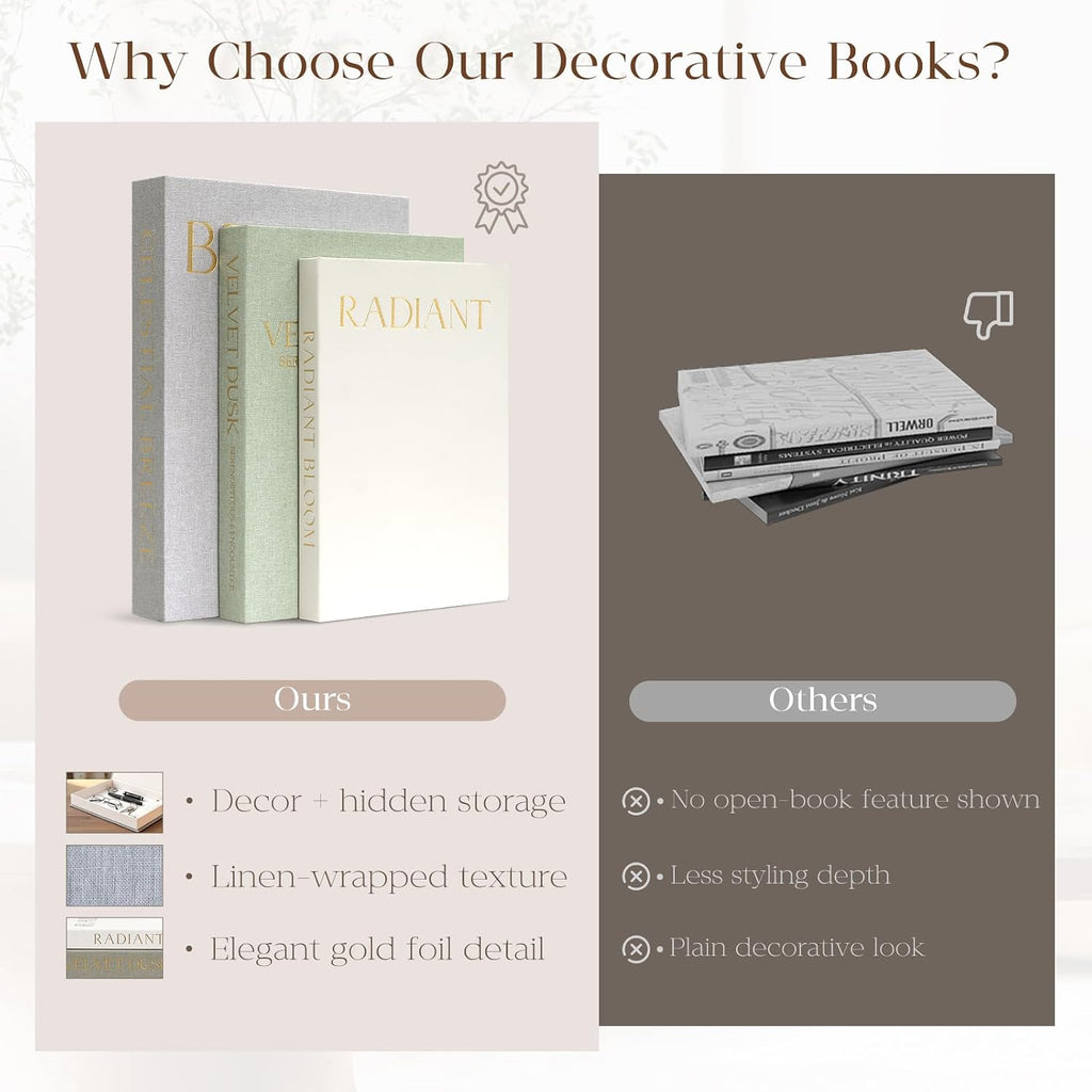 Decorative Books Decor, Set of 3 Neutral Linen Storage Boxes | Linen Faux Book Boxes with Hidden Storage for Coffee