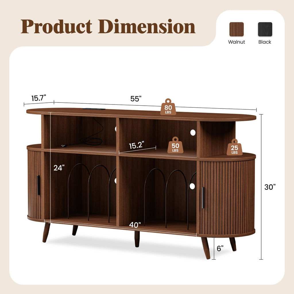 Large Record Player Stand with Storage, Media Stereo Shelf Charging, Walnut