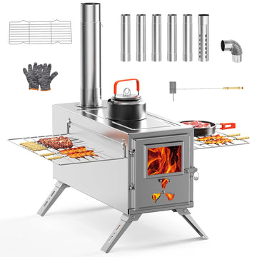 Wood Stove, Hot Tent Stove Camping Portable Stainless Steel Wood Burning Stove with 7 Chimney Pipes for Wall Tent