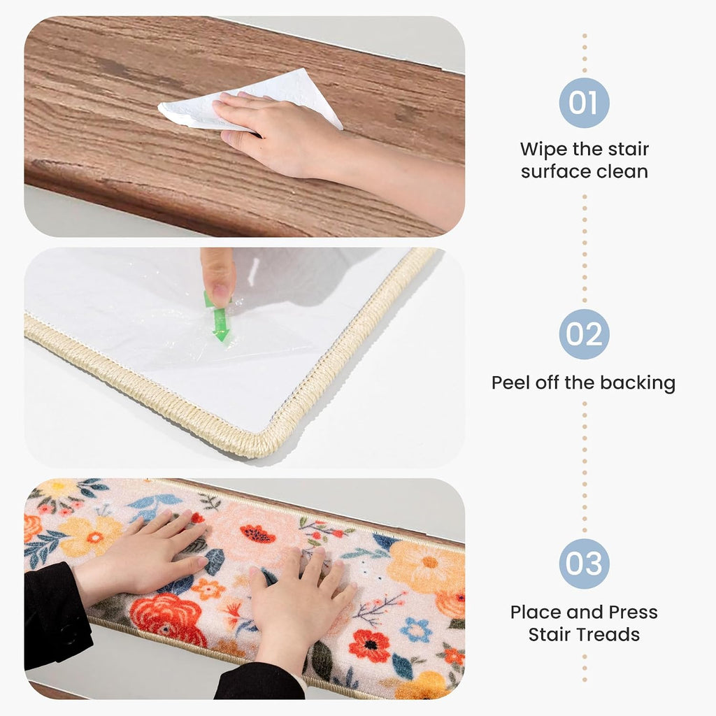 Bullnose Stair Treads for Wooden Steps, Non Slip Stair Carpet 14pcs | Washable, Self-Adhesive, Floral Stair Rug