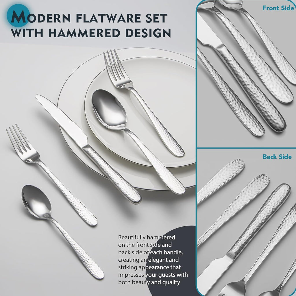 Hammered Silverware Set, 40-Piece Stainless Steel Flatware Set for 8, Mirror Finish Tableware Kitchen Cutlery Sets