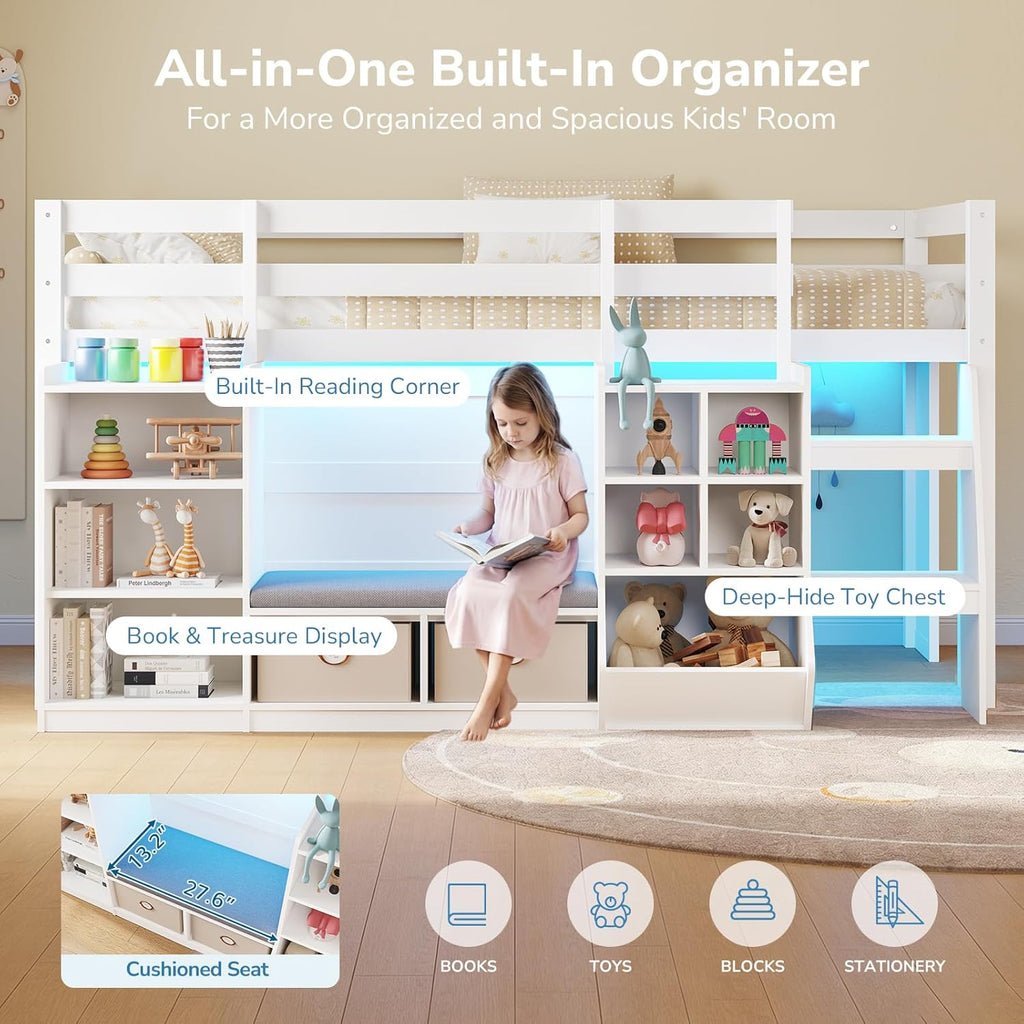 Low Loft Bed Twin with LED Lights, Wooden Kids Twin Loft Bed with Storage Bookcase, Toy Box