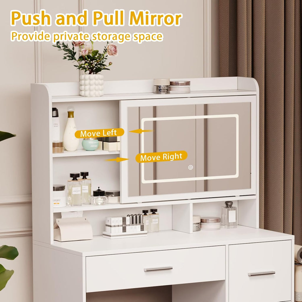 Vanity Desk with a Mirror and Lights,with Chair and Four Drawers, Three Adjustable Lighting Modes,with Power Outlet