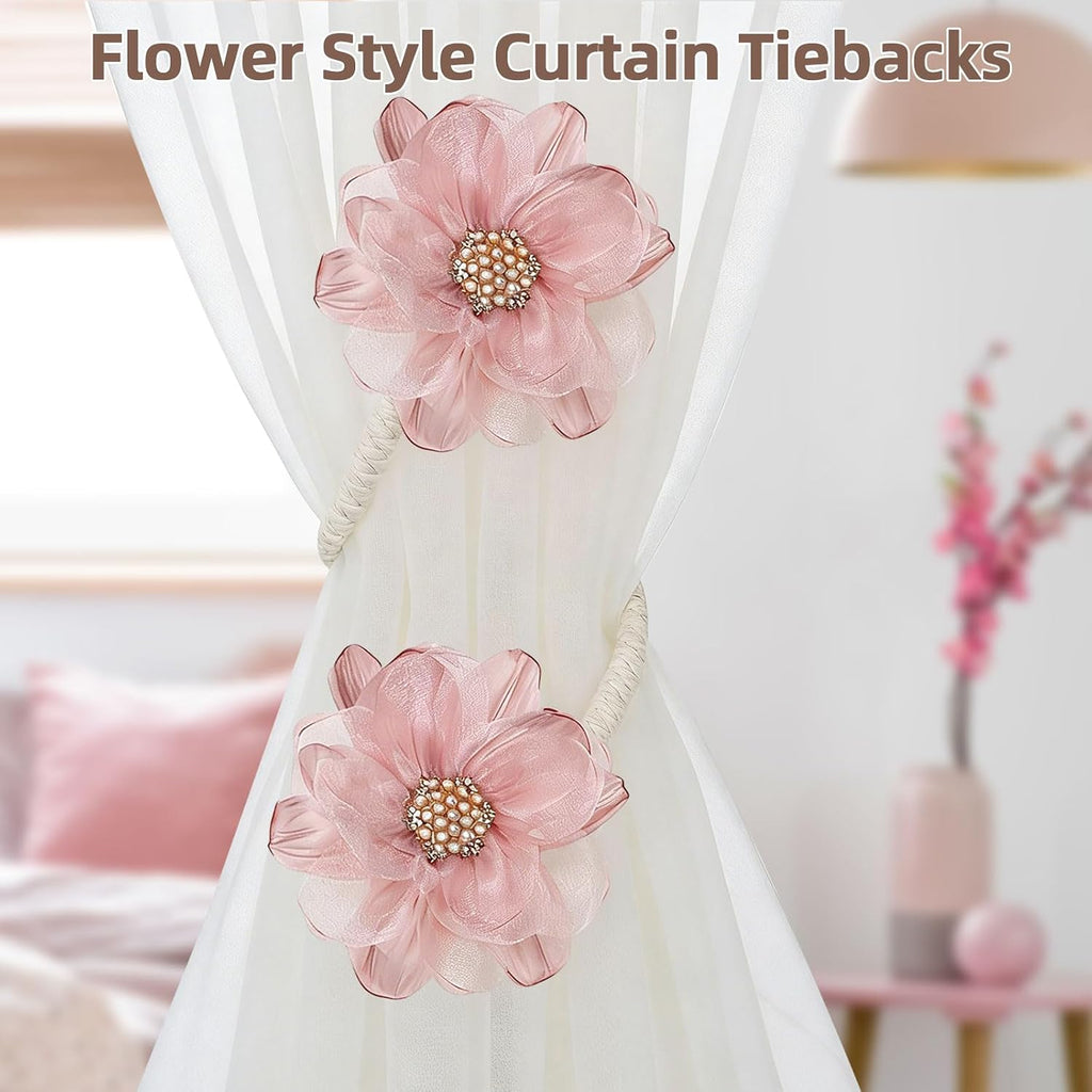 2 Pack Flower Curtain Holdbacks, No Drill Curtain Tiebacks for Drapes, Premium Fabric Curtain Ties, Decorative