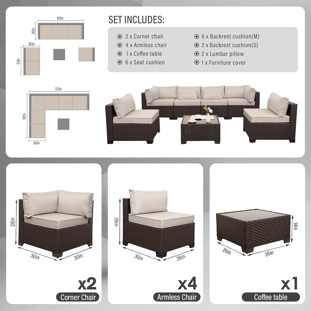 Outdoor Patio Furniture Set 7 Pieces Wicker Sectional Sofa Brown Rattan Conversation Couch with Coffee Table