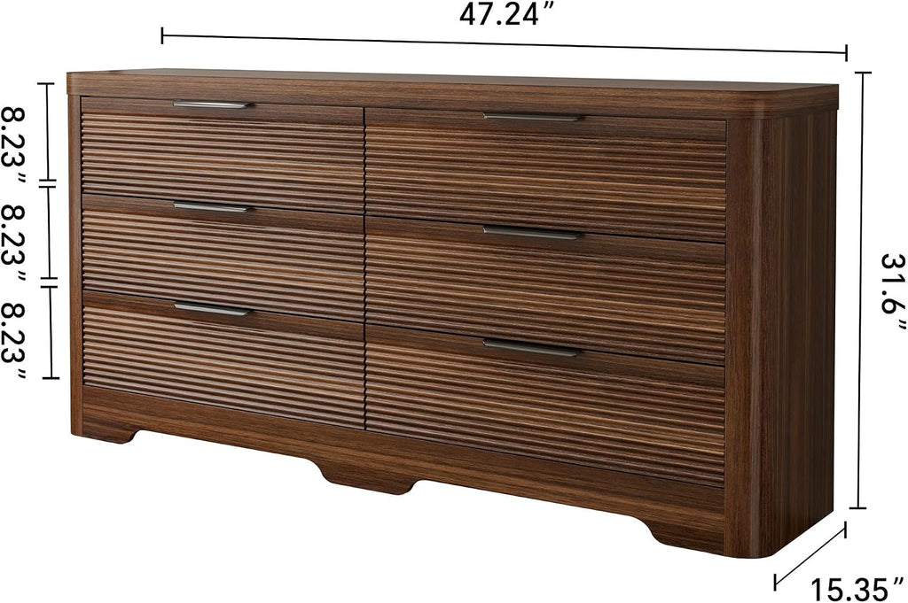 Fluted 6 Drawer Dresser,Farmhouse Wood Dresser | TV Stand,Thickened Curved Profile Design,Bedroom,Entryway,Wood