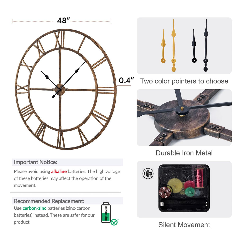 48 Inch Large Silent Wall Clock, Easy Assembly Roman Numeral Bronze