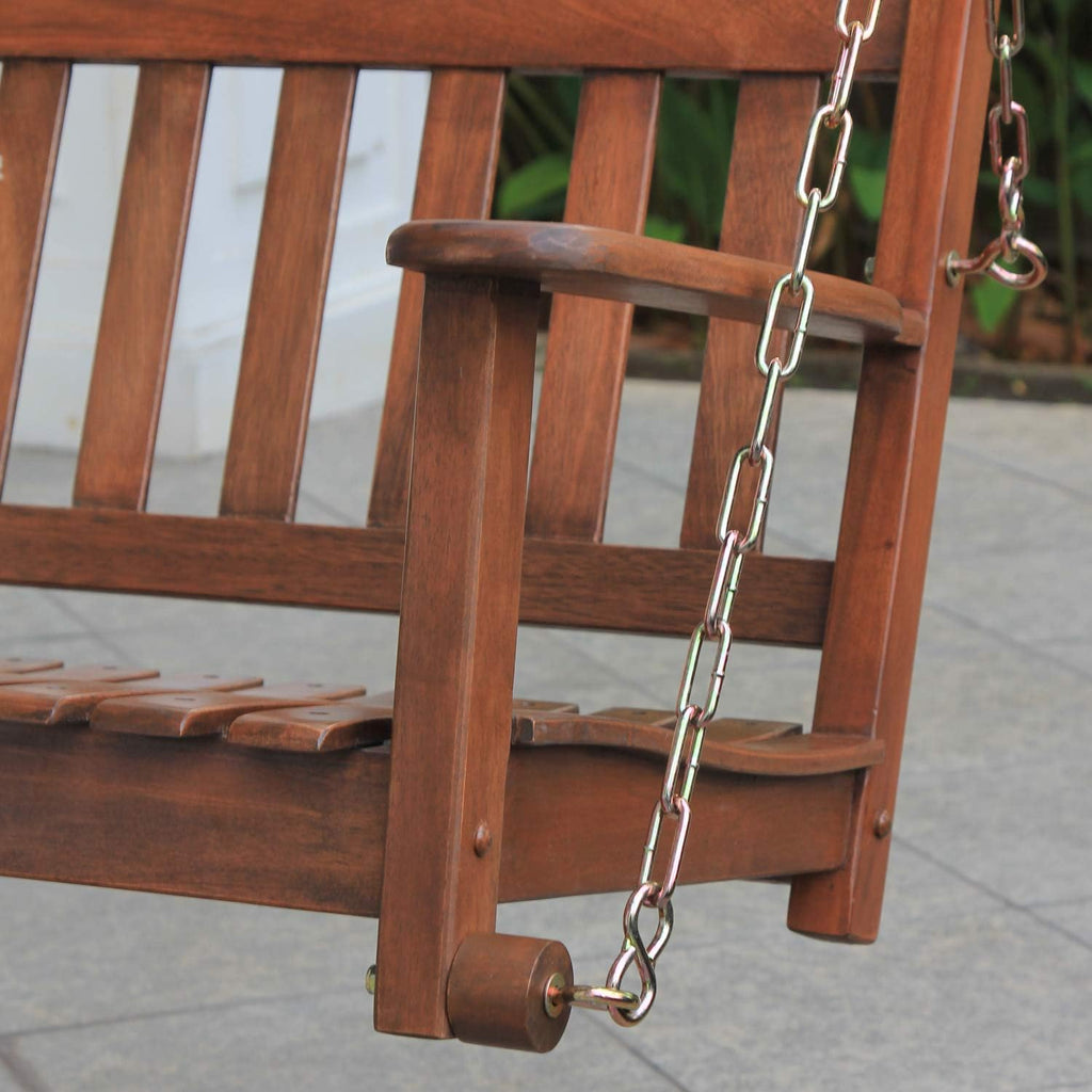 Bentley Solid Wood Mahogany Porch Swing, Natural Brown, Durable Weather-Resistant Outdoor Hanging Bench for Porch