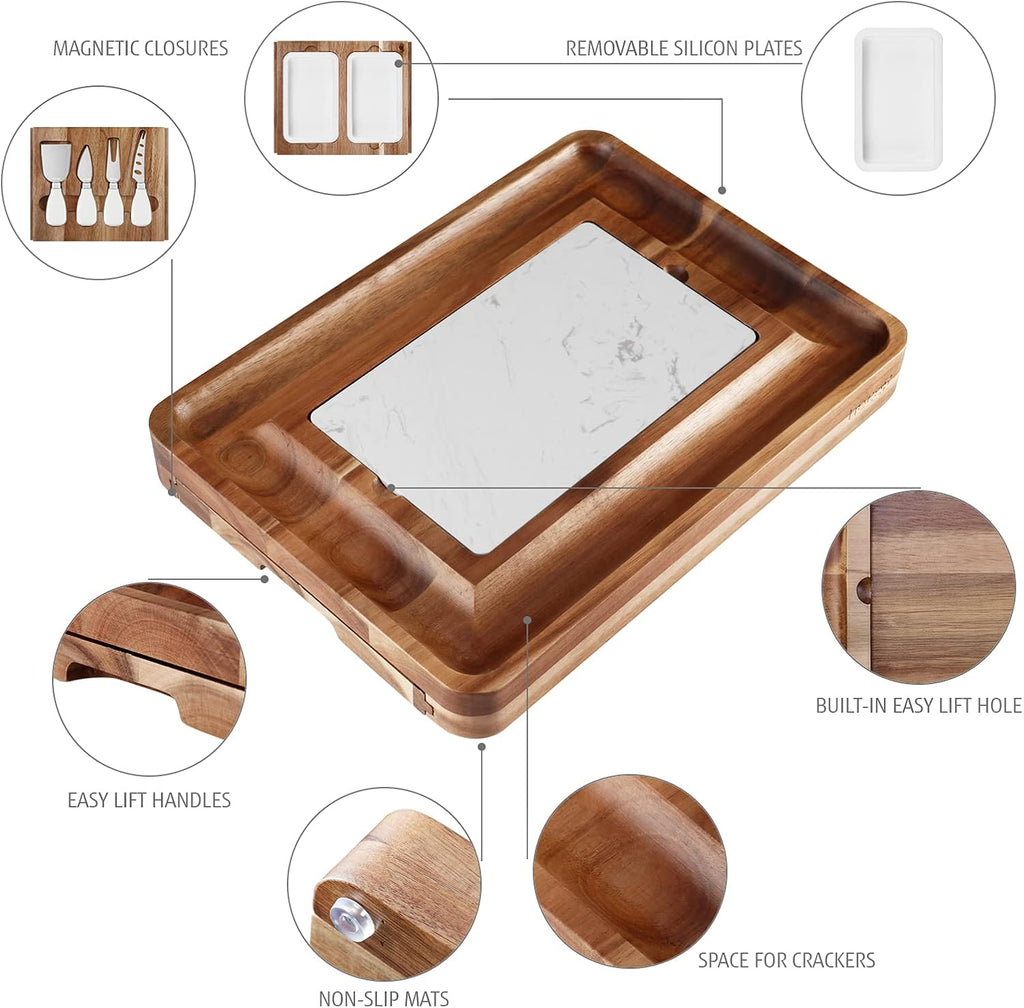 Cheese Board Set Acacia Wood - Large Charcuterie Board with Stainless Steel Knife Set, Thick Wooden Server - Fancy