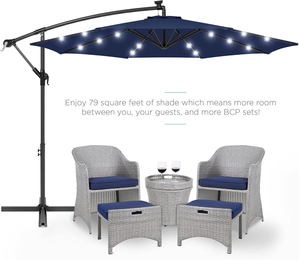 10ft Solar LED Offset Cantilever Hanging Market Patio Umbrella, 8 Sturdy Ribs, Easy Adjustment - Navy Blue