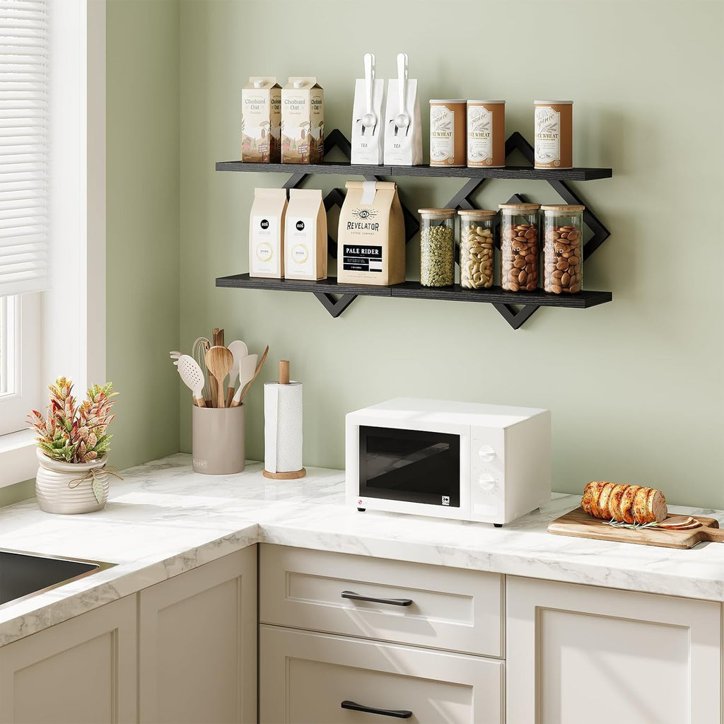 Floating Shelves for Wall, Set of 2 Hanging Shelves, Black | 2-Tier Wall Mounted Storage Shelves for Decor, Books
