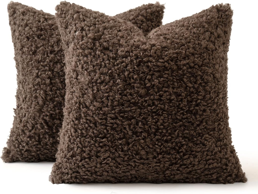 Pack of 2 Faux Fur Chocolate Throw Pillow Covers 18x18 Inch Boucle Decorative Pillow Covers Fuzzy Accent Soft