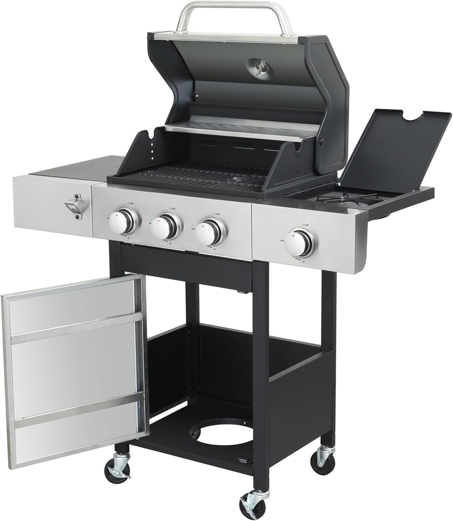3-Burner Propane Gas Grill with Side Burner, 37,230 BTU BBQ Grill with Enameled Cast Iron Grates and Stainless Steel Body for Outdoor Cooking