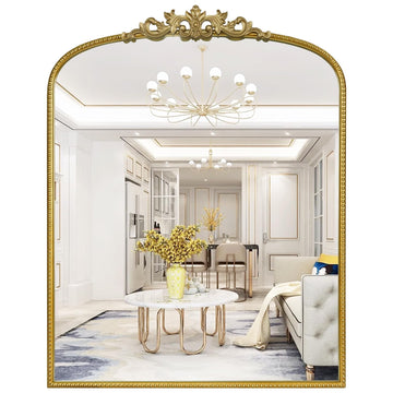 Gold Vintage Mirror for Vanity 28x36 Inch, Gold Antique Mirror with Ornate Frame, Arched Vintage Wall, Fireplace